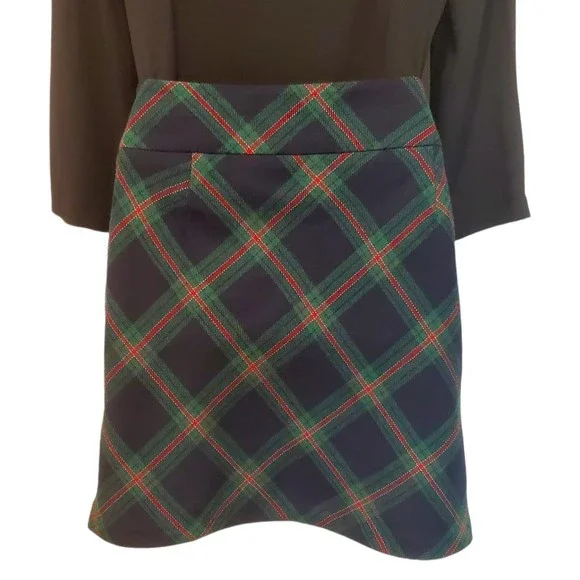 Talbots Women's Tartan Plaid Mini Skirt Sz 12 Wool Blend A Line Navy Green - Picture 4 of 7